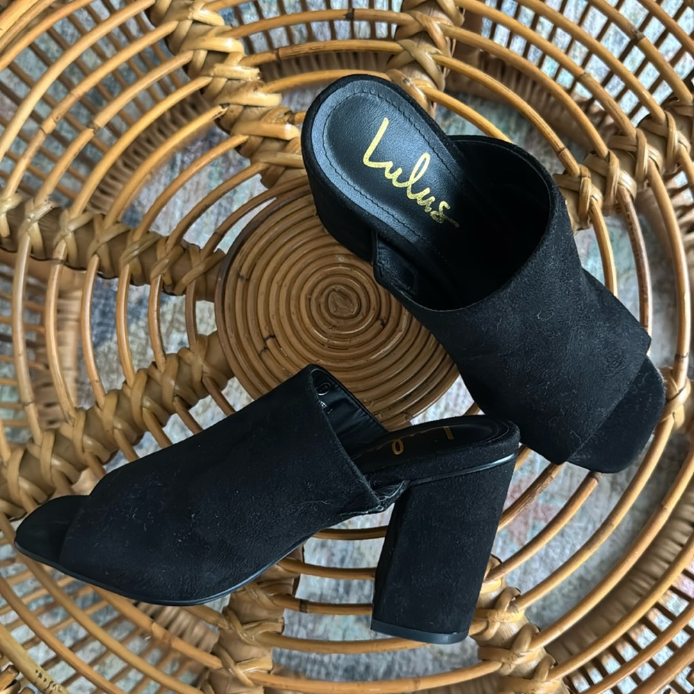 Lulus Black Suede Peep-Toe Mules Size 7